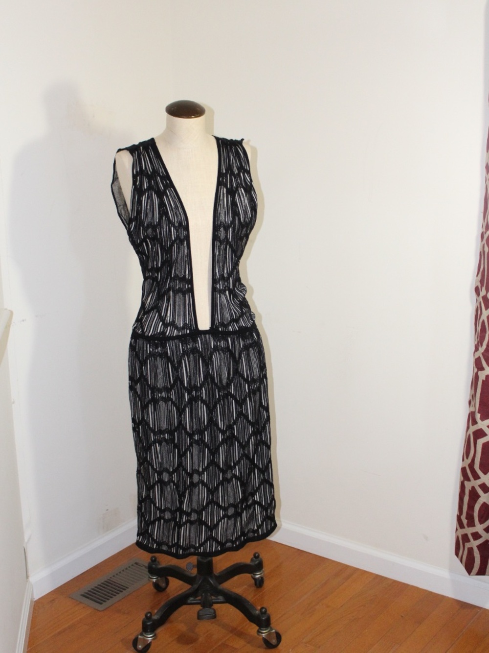 M Missoni, black  white sleeveless knit geometric dress plunging V neckline